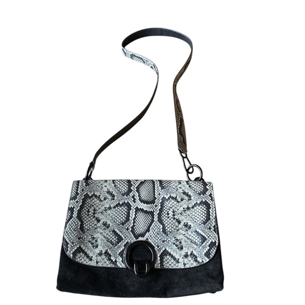 Rebecca Minkoff Snakeskin Print Suede Leather Crossbody Shoulder Bag Black White
